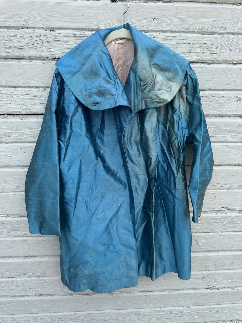 Blue Silk Vintage Coat with Oversized Collar